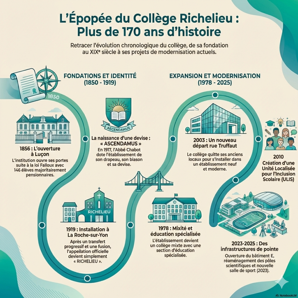 De 1856 à 1878 :
L’Institution est dirigée par les pères EUDISTES. L’amicale des anciens élèves est fondée le 2 Juillet 1872.
De 1878 à 1914 :
L’Institution est dirigée par des prêtres du diocèse. En 1917, Monsieur l’Abbé CHABOT, Supérieur, donnait à l’Établissement son drapeau, son blason et sa devise «ASCENDAMUS».
De 1914 à 1919 :
S’effectue le transfert progressif à la ROCHE SUR YON dans les locaux de MIRVILLE et la fusion avec l’Institution Sainte-Marie tenue par les frères des Ecoles Chrétiennes. Le 15 Décembre 1919, l’appellation officielle devient simplement RICHELIEU.
En 1956 :
La fête du centenaire est célébrée magnifiquement en présence des évêques de l’Ouest. L’afflux des élèves est tel que l’on décide d’agrandir les bâtiments : ce sont les ailes Sud encadrant la Chapelle.
En 1972 :
Après le départ des classes primaires, vers la Rue Ramon, il faut à nouveau construire : le bâtiment Boulevard des Belges et la salle des Sports.
À la rentrée 1978 :
Avec la restructuration des Etablissements privés Yonnais, l’Institution devient un Collège mixte avec une Section d’Education Spécialisée.
En 2010 :
Création d’une Unité Localisée pour l’Inclusion Scolaire (ULIS).
À la rentrée 2003 :
Transfert du collège Richelieu au 10 rue François Truffaut, dans un collège neuf.
À la rentrée 2023 :
Ouverture du bâtiment E, ajoutant des salles de classe supplémentaires.
Réaménagement du CDI, des pôles Science, Technologie, Arts Plastiques, du dispositif ULIS, de la Vie Scolaire.
Novembre 2025 :
Réception de la nouvelle salle de sport.